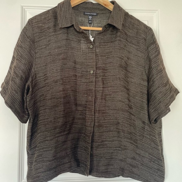 Eileen Fisher Classic Collar Elbow Short sleeve top, linen, wren, small - Picture 1 of 5
